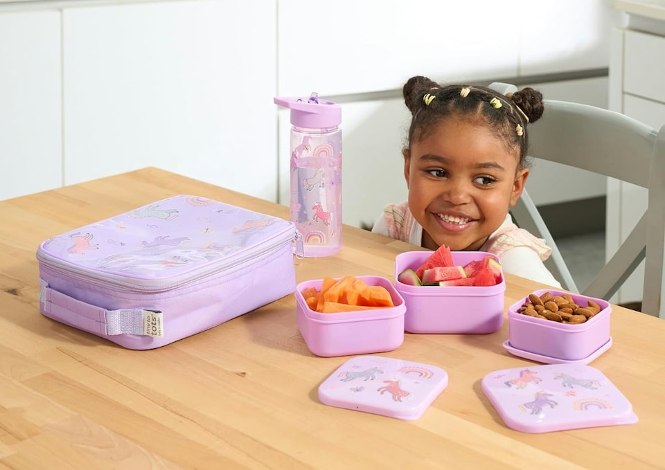 image 1 of Tiny To Tots Unicorn Lunch Bag, 3 Pack Nested Boxes & Flip Top Straw Sipper 500ml