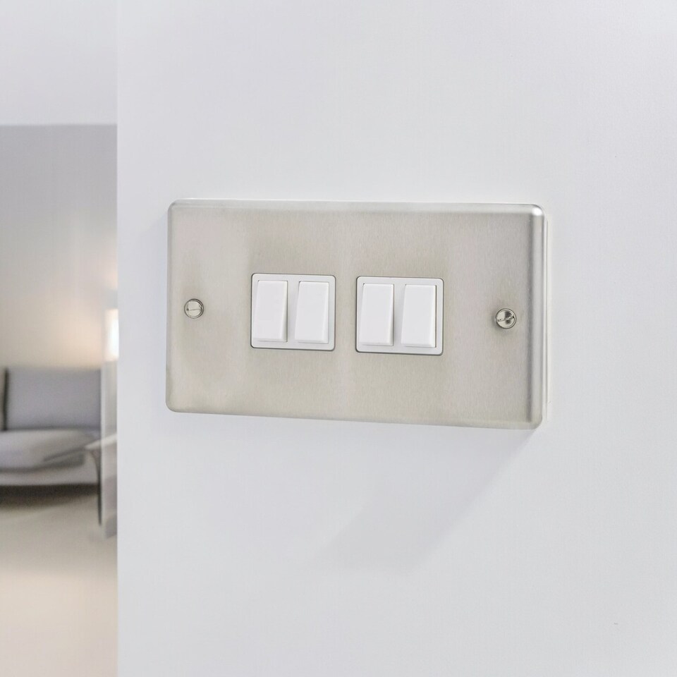 image 1 of British General Stainless Steel 10A 4-Gang 2-Way Light Switch Plate | White | 2