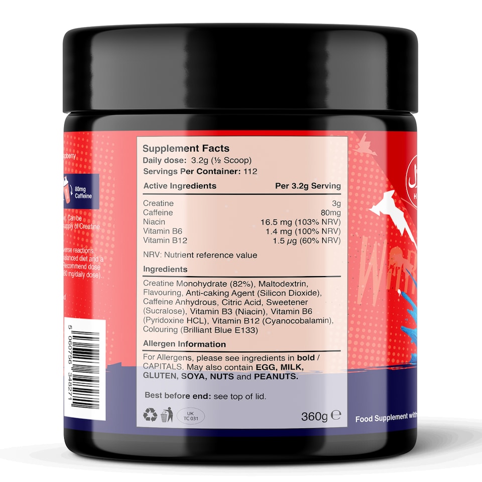 image 1 of Warrior Creatine + Energy – 3g Creatine, 80mg Caffeine & B-Vitamins for Strength, Focus & Stamina – Blue Razz, 360g (112 Servings)