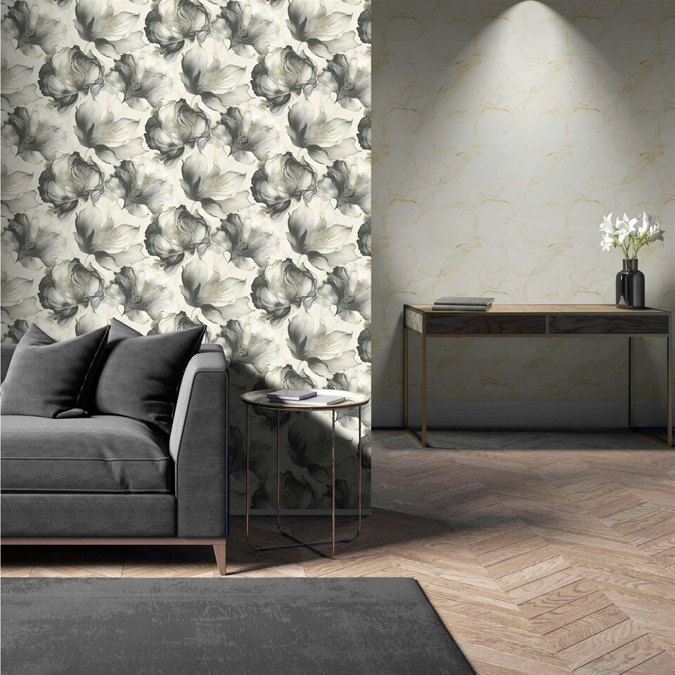 image 1 of Elysian Floral Black & Gold Wallpaper Black