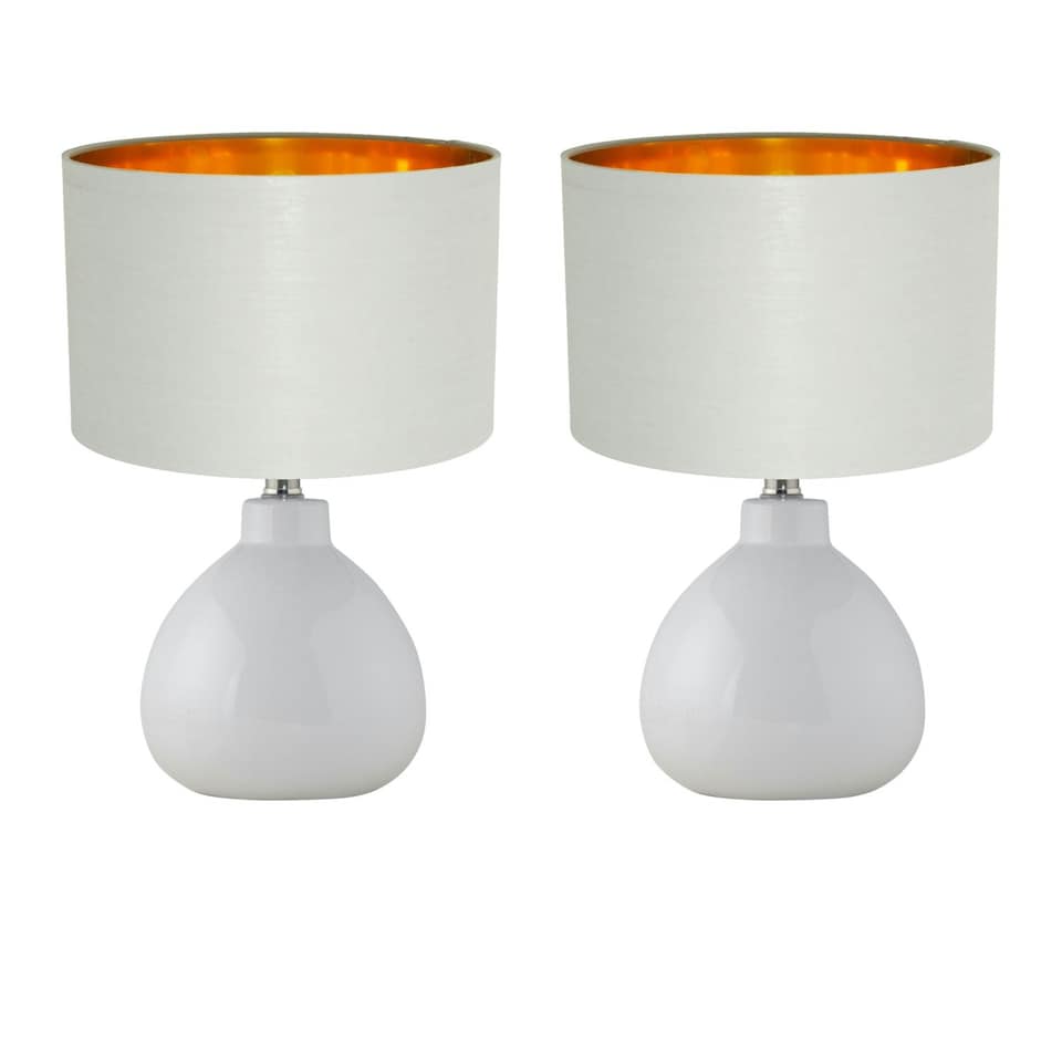 image 1 of Set of 2 Tuscan - White Ceramic Lamps with Grey & Gold Shade White | Grey