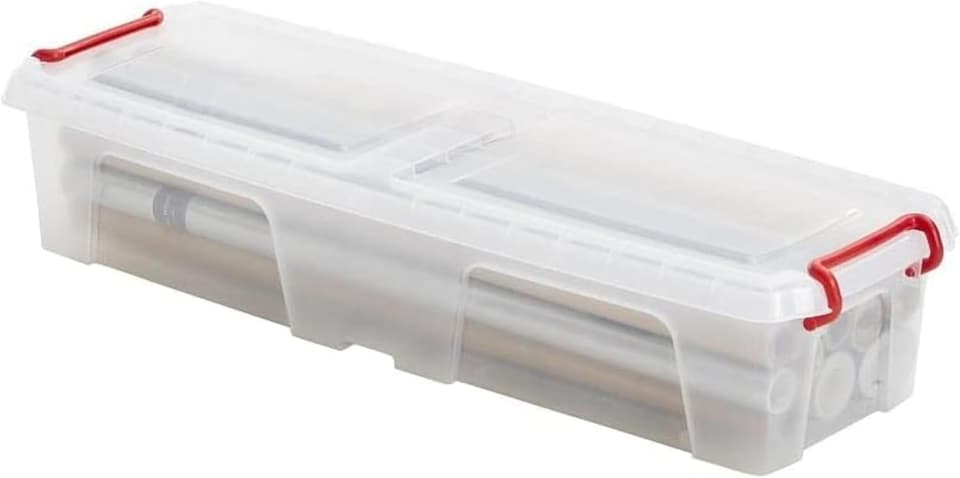 image 1 of Strata 20L Wrapping Paper Storage Box - Clear/Red Handles, Clip-On Lid, Stackable