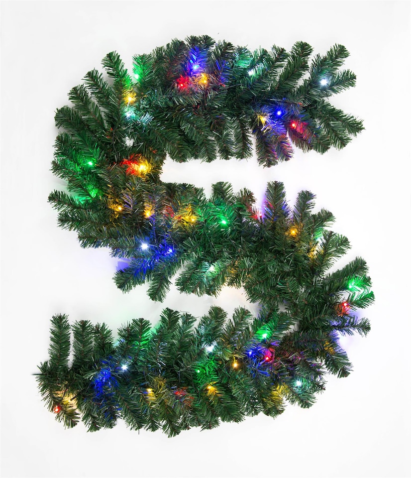 image 1 of 2m Green Multi-Colour Pre-Lit Artificial Christmas Garland with LEDs  Vibrant Festive Garland for Staircase, Mantel & Holiday Display