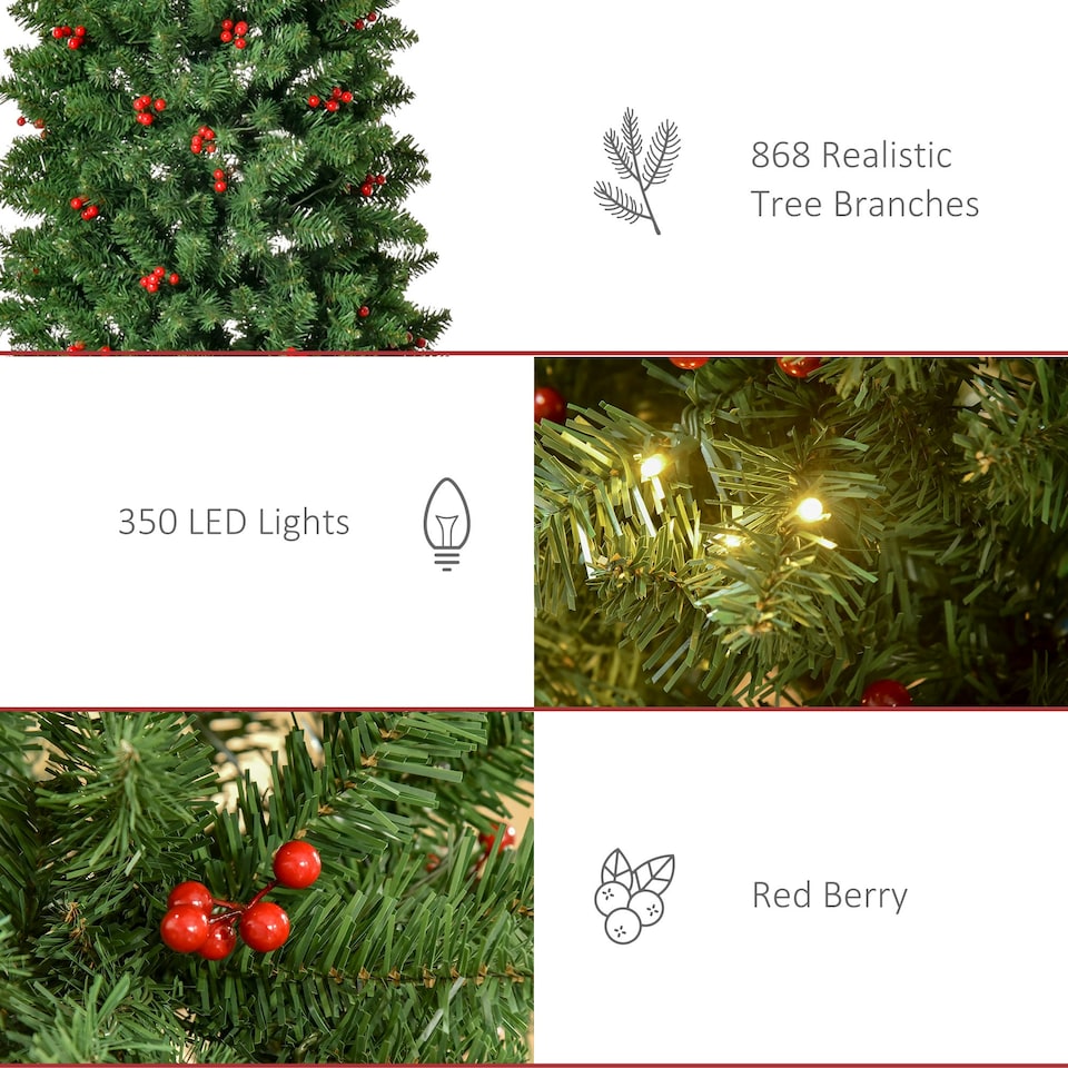 image 1 of HOMCOM 7FT Prelit Pencil Christmas Tree w/ LED Light, Berry, Xmas Decoration