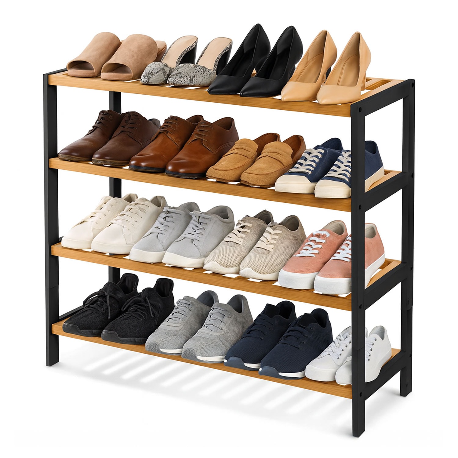 Neo Black / Natural 4-Tier Bamboo Shoe Rack Wooden Shoe Storage Organiser Shelf for Hallway, Entrance Living Room | Black | Black And Wood