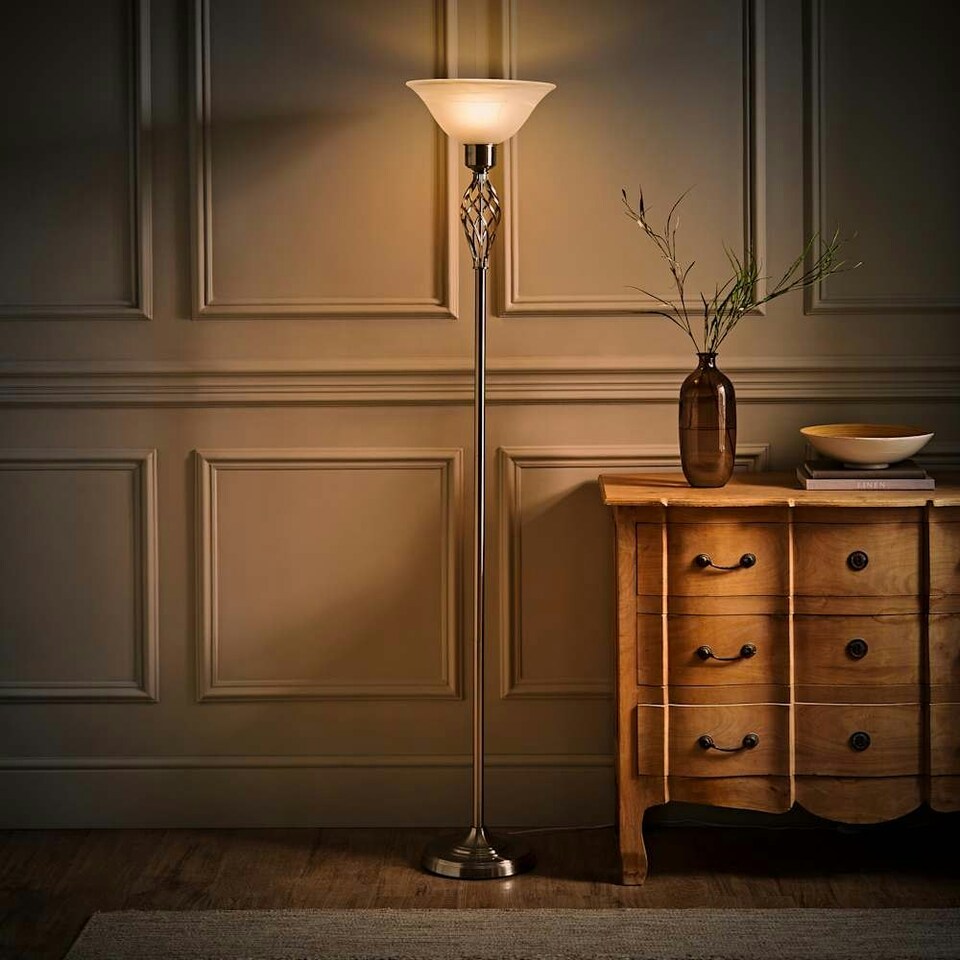 image 1 of ValueLights Traditional Style Satin Nickel Barley Twist Floor Lamp With Frosted Shade | Chrome