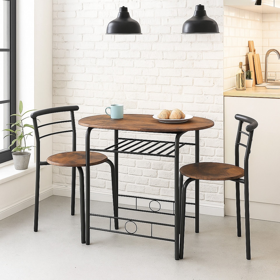 image 1 of 3 Pcs Dining Table 2 Chairs Set Kitchen Breakfast Furniture Compact Space Saving | Multi | Rustic Brown