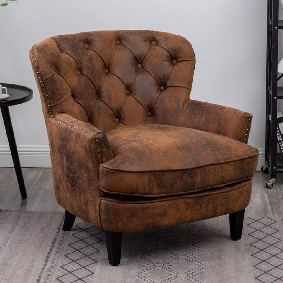 image 1 of Faux Leather Suede Brown Buttoned Ava Accent Chair