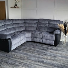 Roma 5 Seater Leather Recliner Corner Sofa Set Multi | Grey Jumbo Cord & Black Aire Leather Trim