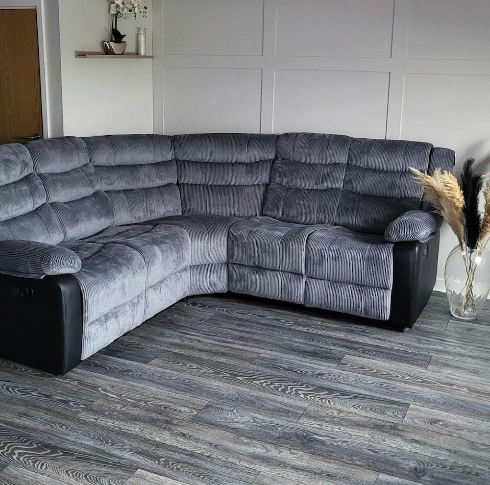 image 1 of Roma 5 Seater Leather Recliner Corner Sofa Set | Multi | Grey Jumbo Cord & Black Aire Leather Trim | Five Plus Seater