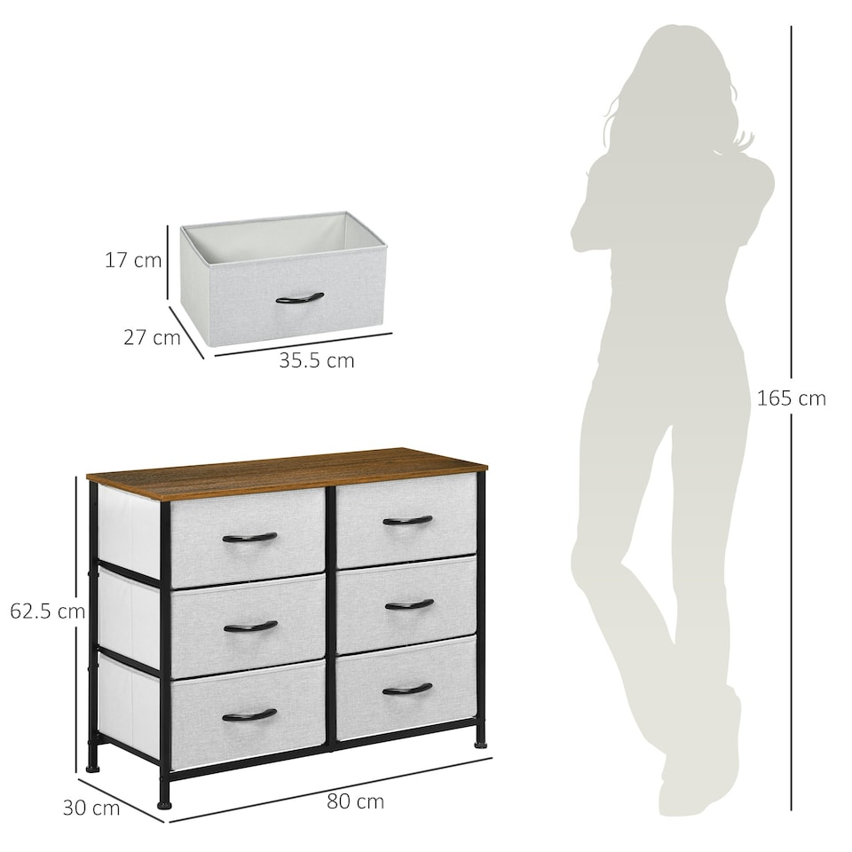 image 1 of HOMCOM 6 Drawer Fabric Chest of Drawers w/ Wooden Top for Hallway Grey