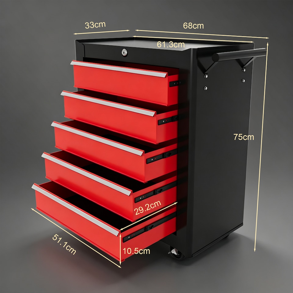 image 1 of HOMCOM 5-Drawer Tool Chest Steel Lockable Tool Storage Cabinet w/ Wheels Red