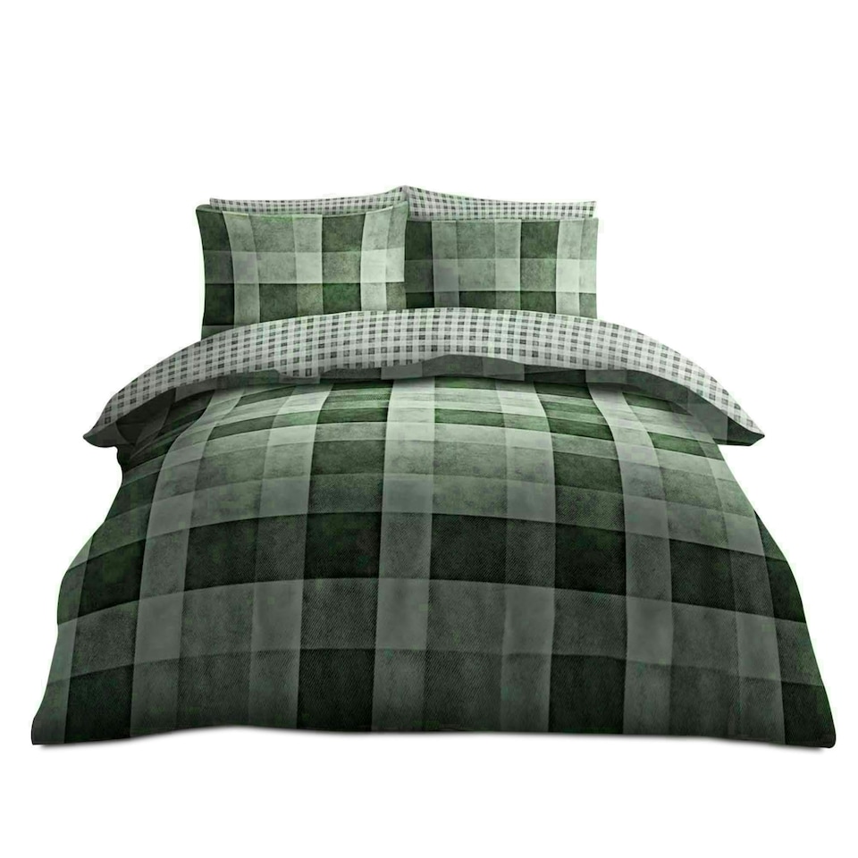 image 1 of VELVETIO Denim Check Printed Duvet Cover Set Reversible Polycotton Beddings Red | King