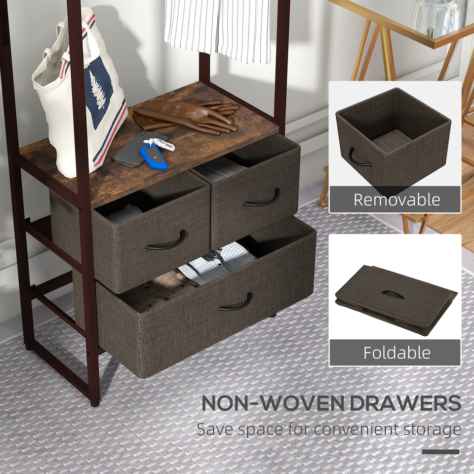 image 1 of HOMCOM Free Standing Clothes Rail with 3 Fabric Drawers and Storage Shelves, Garment Rack, Hanging Rail for Hallway, Bedroom and Living Room, Rustic Brown