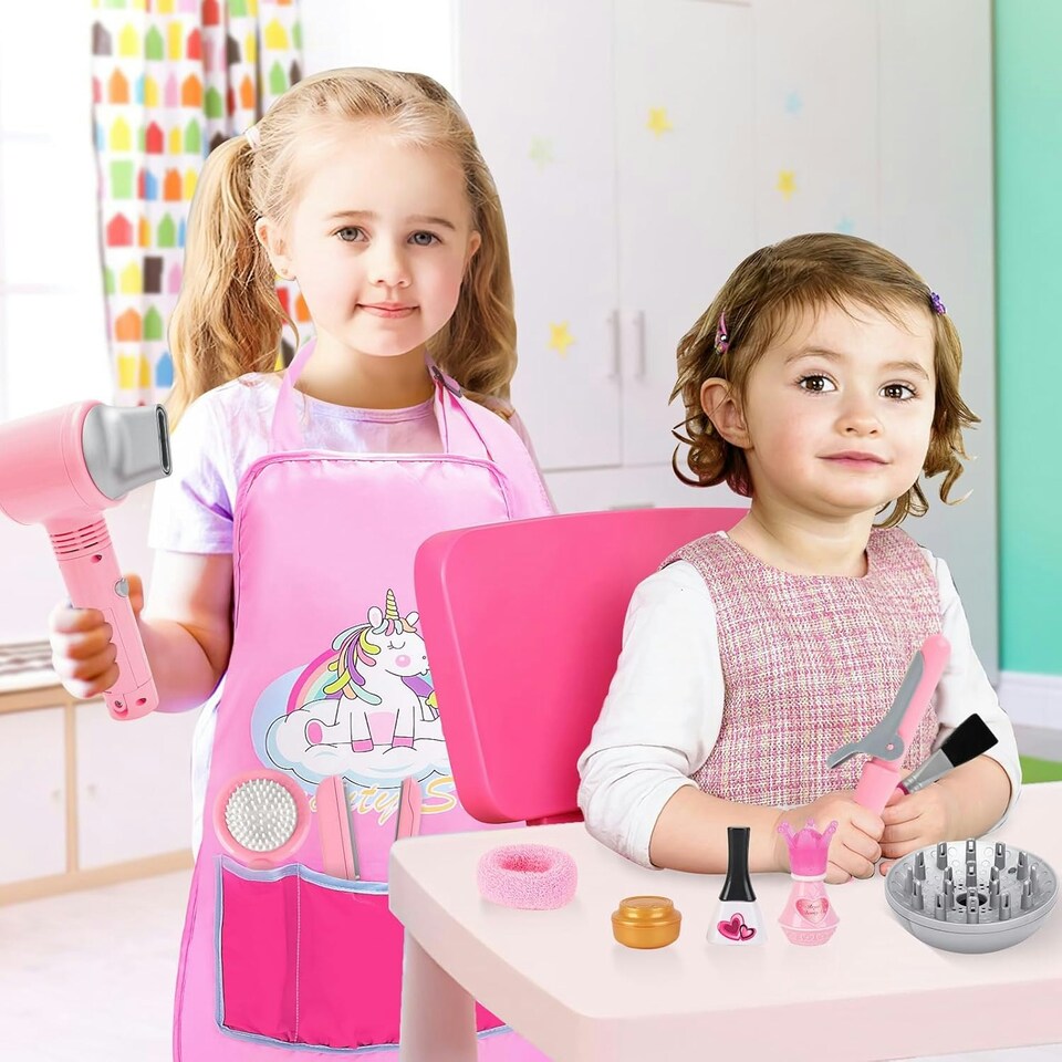 image 1 of Kids Hair Salon Play Set Pretend Hairdressing Makeup Kit with Lights Sounds Unicorn Apron Carry Bag