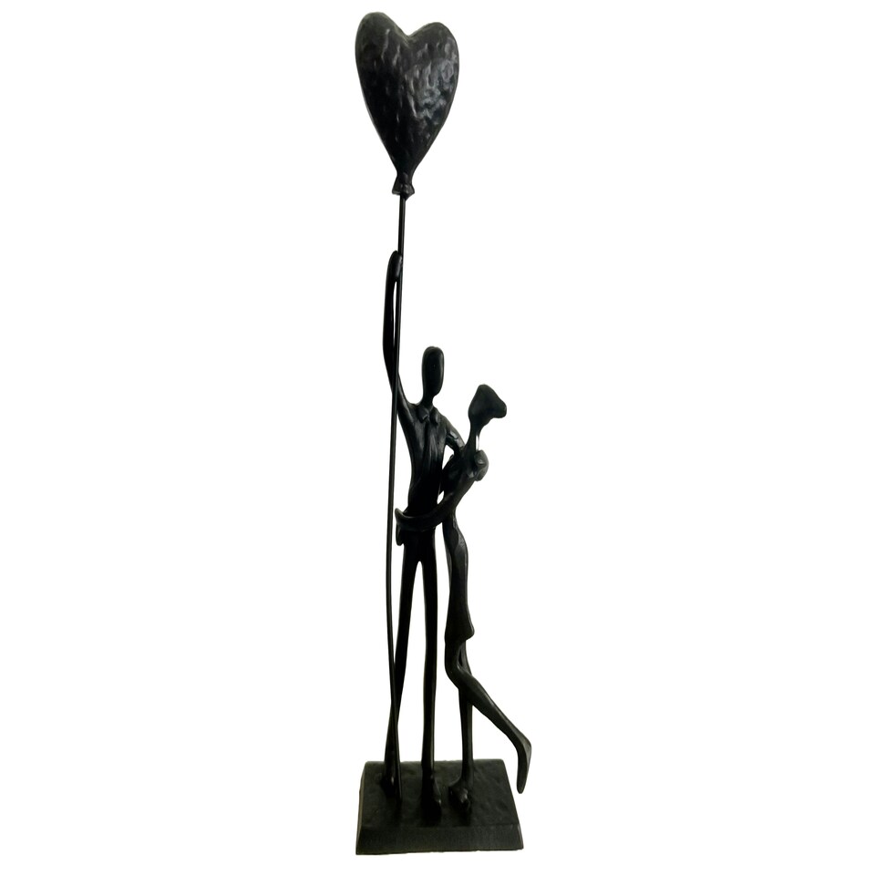 image 1 of Bound by Love Cast Iron Sculpture Couple Embracing Holding a Heart Baloon Shadow Art Metal Decor Lovers Valentine's Day Gift Anniversary Housewarming Present