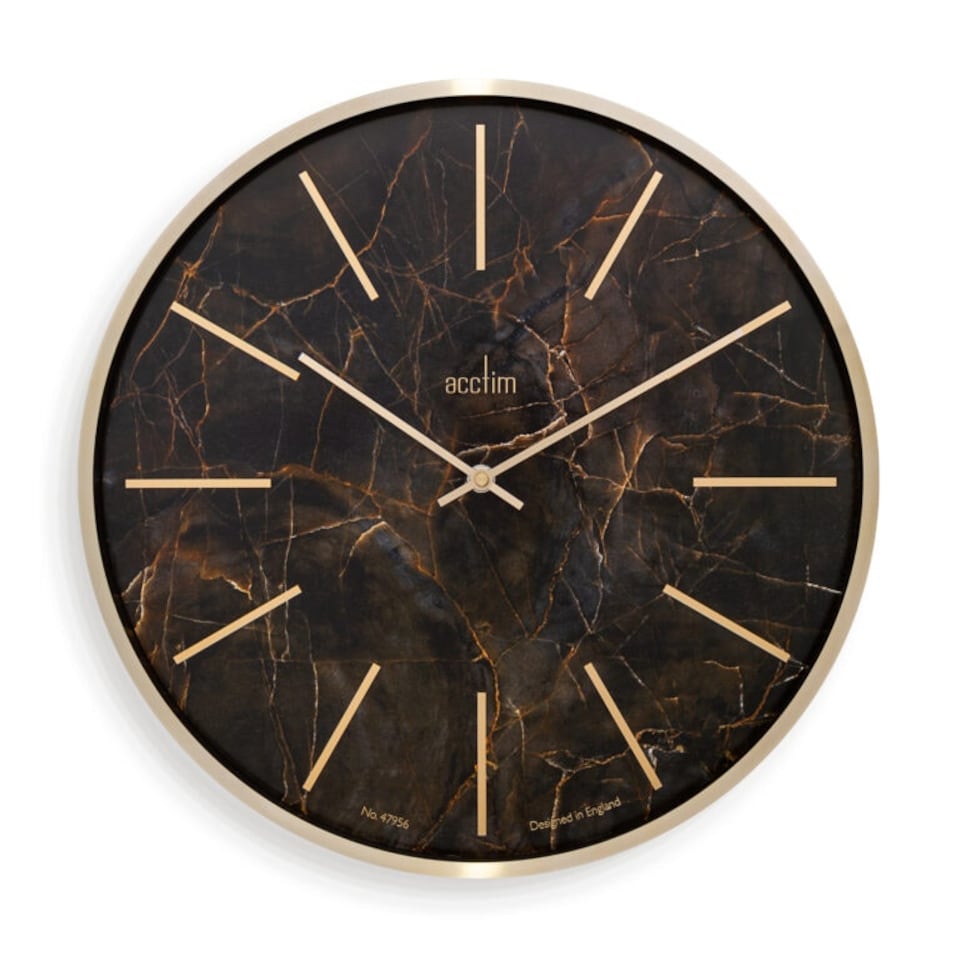 image 1 of Acctim Luxe Wall Clock Quartz Brushed Metal Embossed Golden Batons Brass Hands Dark Marble 40cm Gold