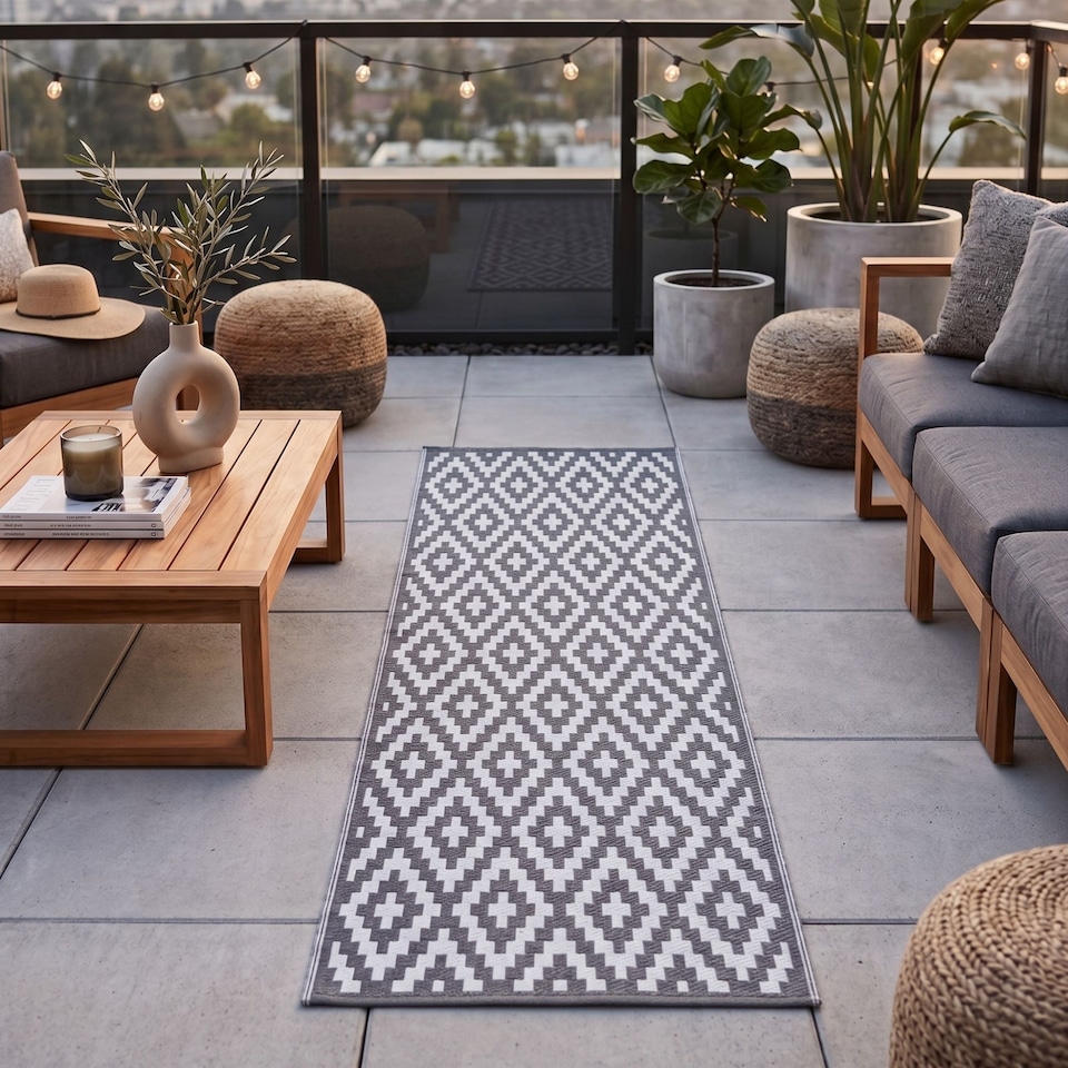 image 1 of Homescapes Outdoor Rug Runner Waterproof Reversible, 75 x 200 cm, Zoe Geometric Design