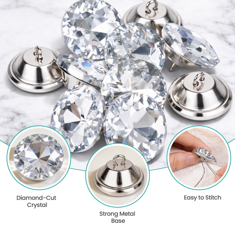 image 1 of 25mm Sew-On Crystal Tufting Buttons, Glass Head Rhinestone Buttons - 10pcs