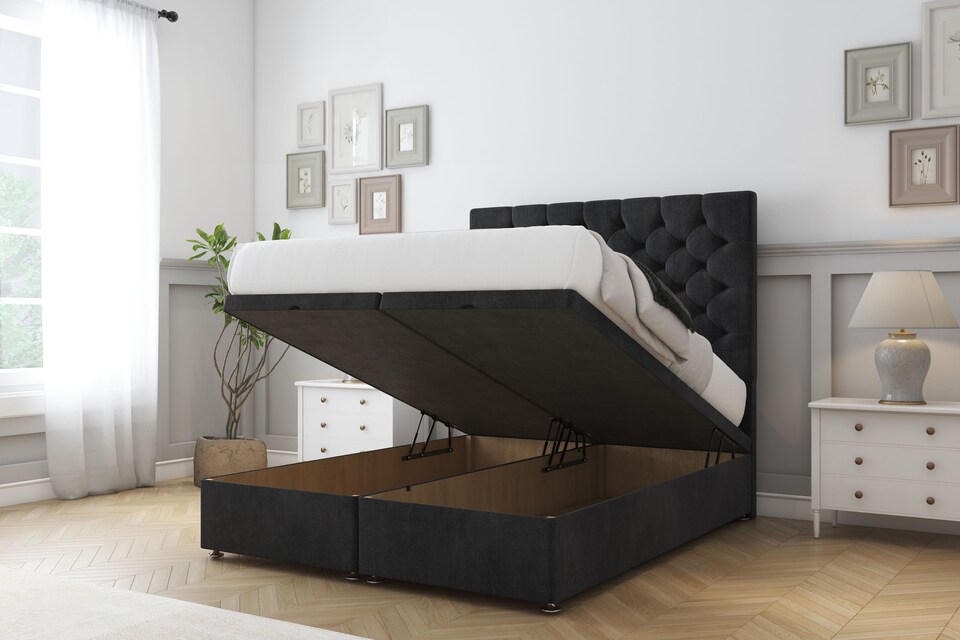 image 1 of Sloomy Mayfair Black Naples Ottoman Bed With Mattress With 54" Floor Standing Headboard 4'6 Double