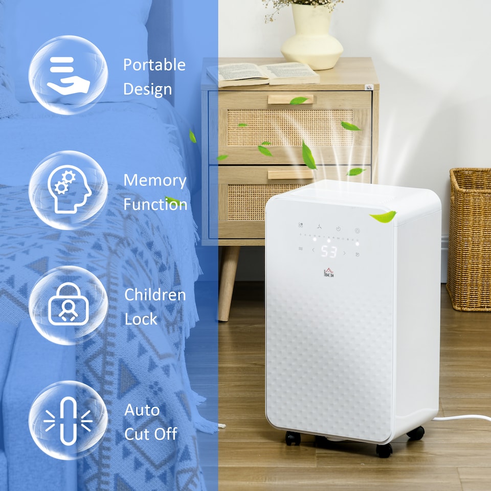 image 1 of HOMCOM 10LDay 2000mL Portable Quiet Dehumidifier with Air Purifier Filter, 24H Timer, 5 Modes, Electric Moisture Air Dehumidifier for Home Laundry Basement, White