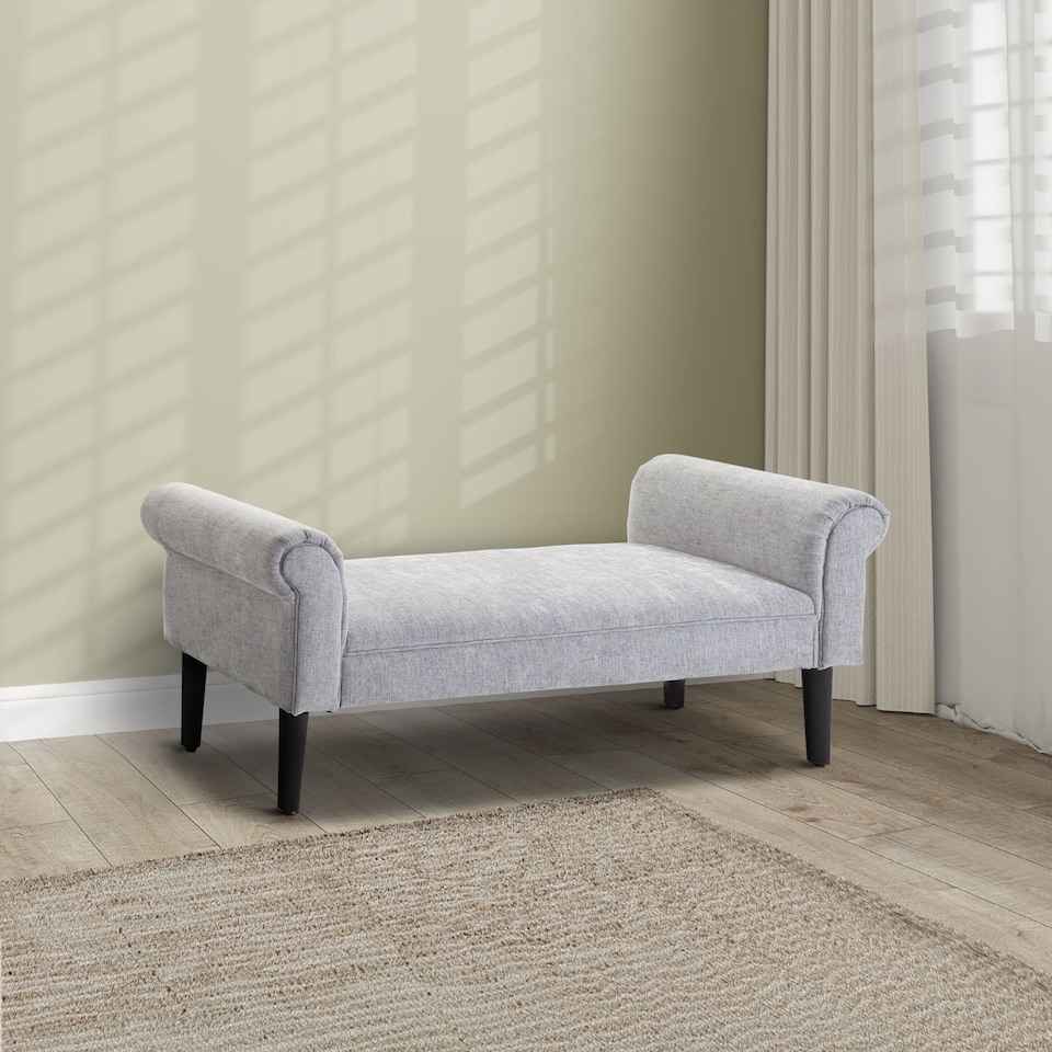 image 1 of HOMCOM Bed End Bench, Window Seat, Linen Chaise Lounge Sofa with Arm and Wooden Legs for Bedroom, Living Room, Grey