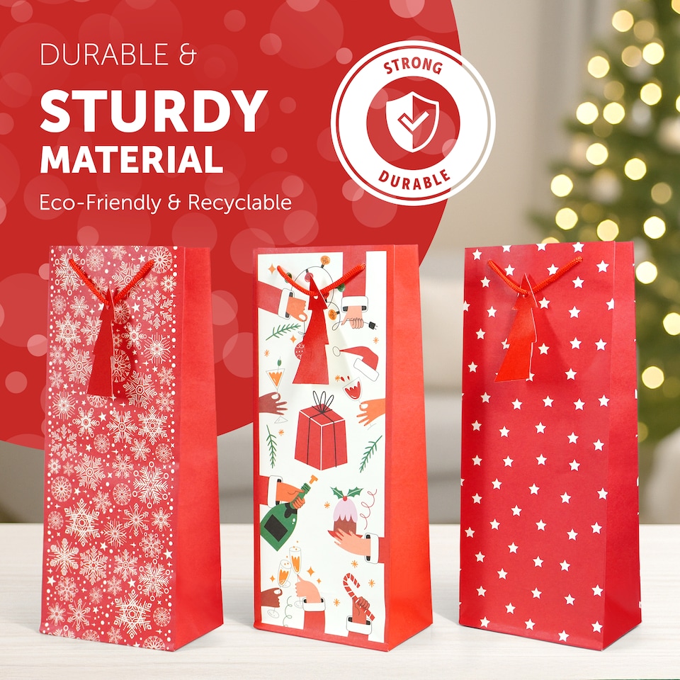 image 1 of Kraft and Co Christmas Wine Bottle Gift Bags with Cord Handles, 3 Pack