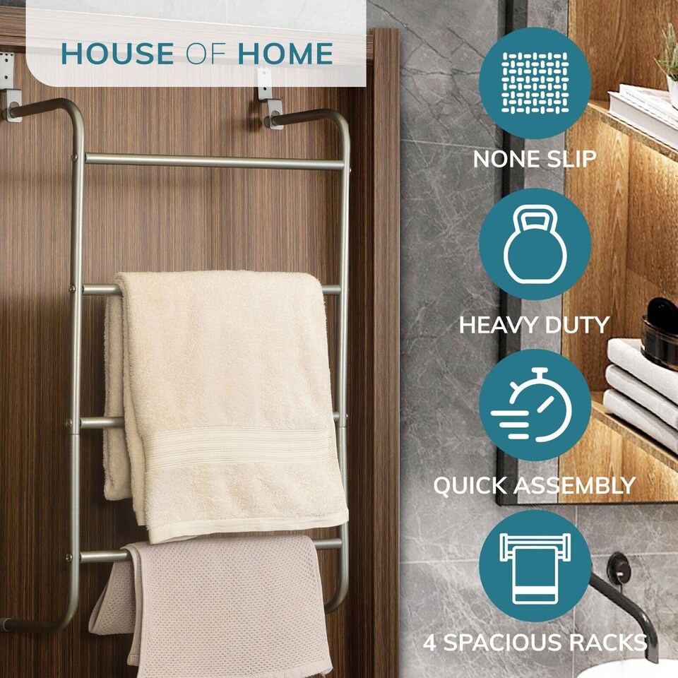 image 1 of House of Home Over-Door Towel Rack 4-Tier Bathroom Silver Storage Hanger Rail Bath Hand Towels
