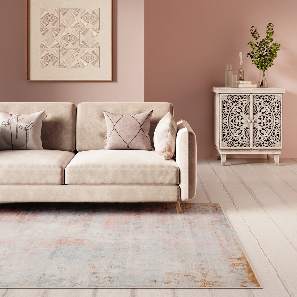 image 1 of KUKOON Beige Pastel Pink Distressed Abstract Washable Living Room Area Rug 240cm x 330cm