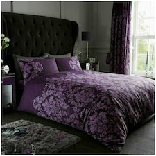 VELVETIO Empire Damask Printed Duvet Cover Set Reversible Polycotton Beddings Purple | King