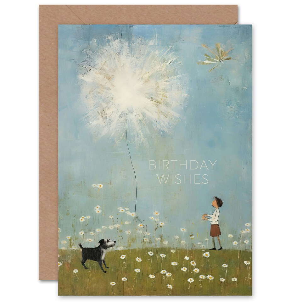 image 1 of Wishes Chasing Giant Dandelion Inside Child Kids Birthday Card
