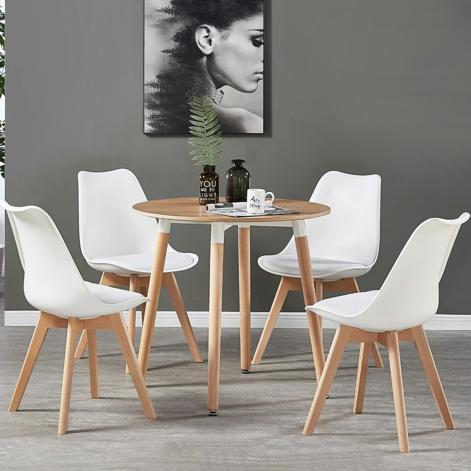 image 1 of Single Scandinavian Dining Chair with Leather Cushions Solid Wood Legs White