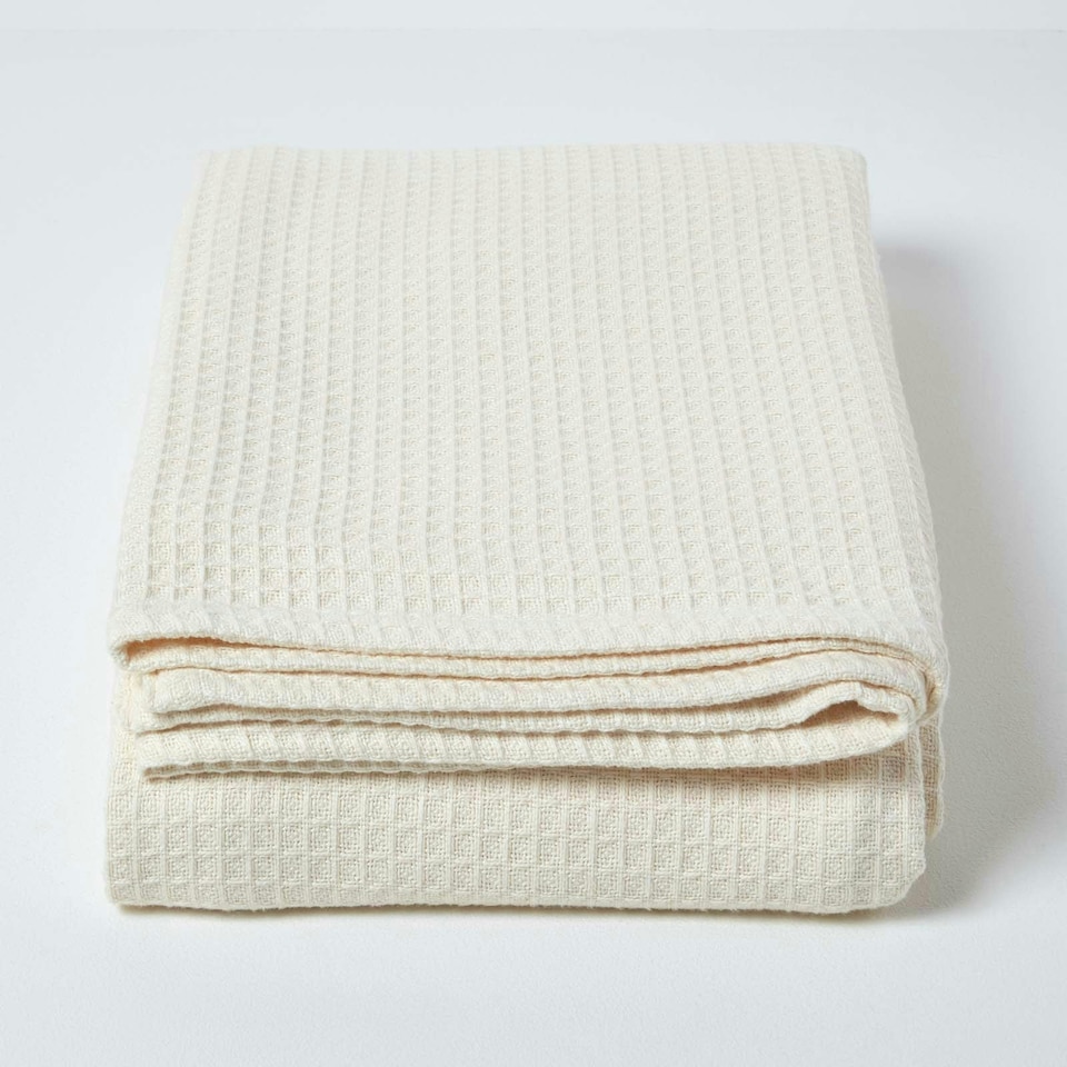image 1 of Homescapes Organic Cotton Waffle Blanket/ Throw Natural - 250 x 230 cm | Cream