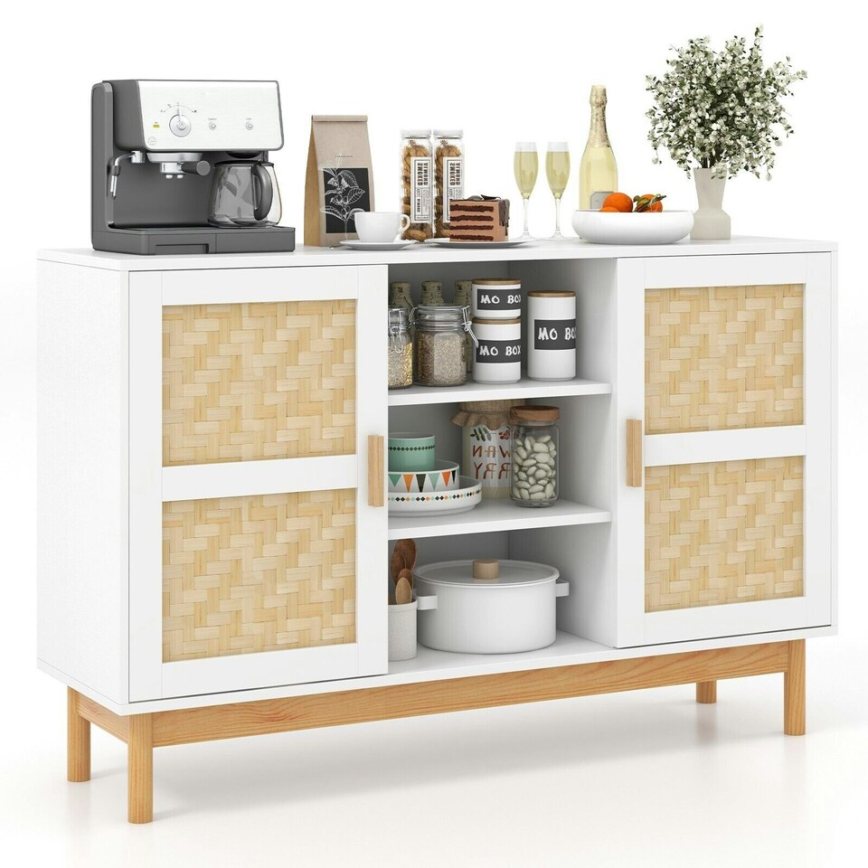 image 1 of COSTWAY 120CM Sideboard Buffet Cabinet w/3 Open Shelves White