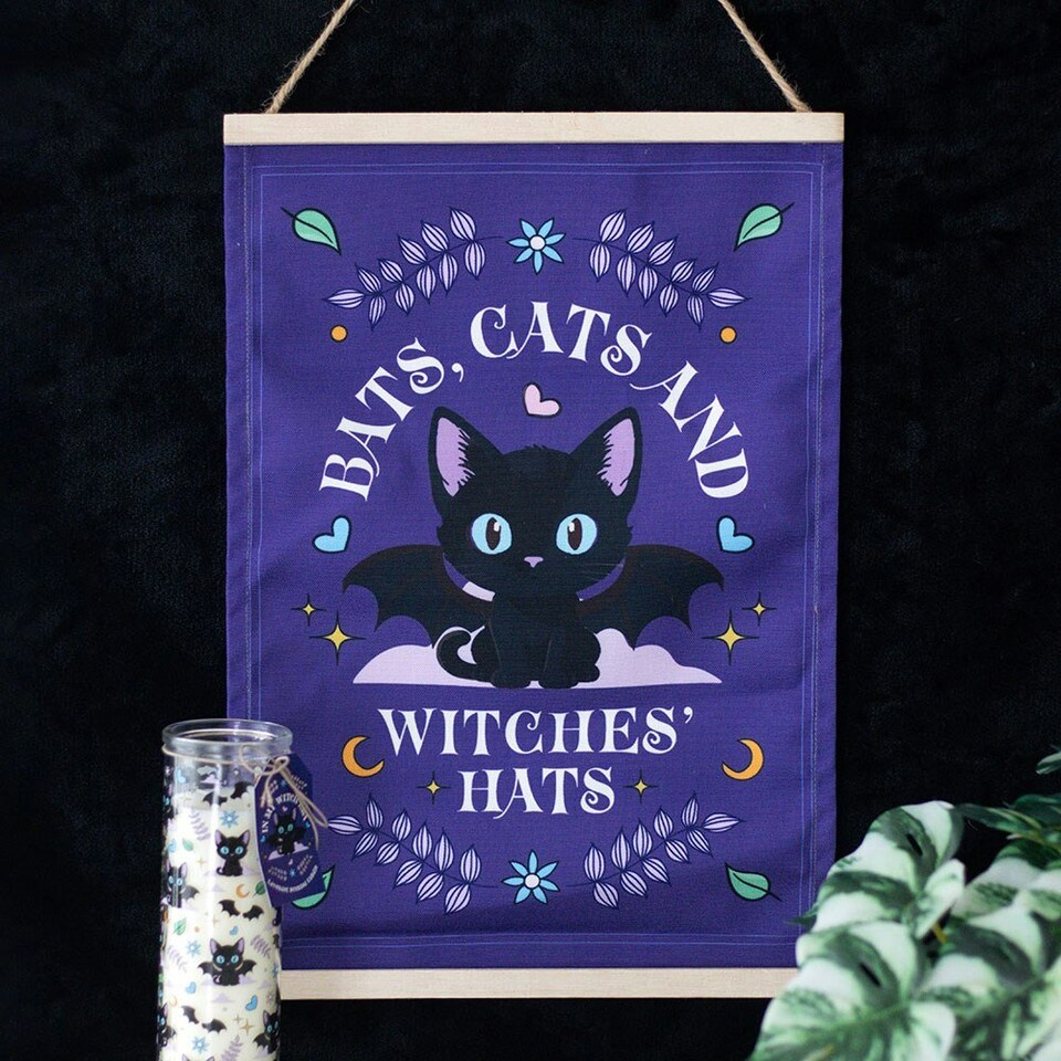 image 1 of Bats, Cats and Witches Hats Fabric Wall Hanging