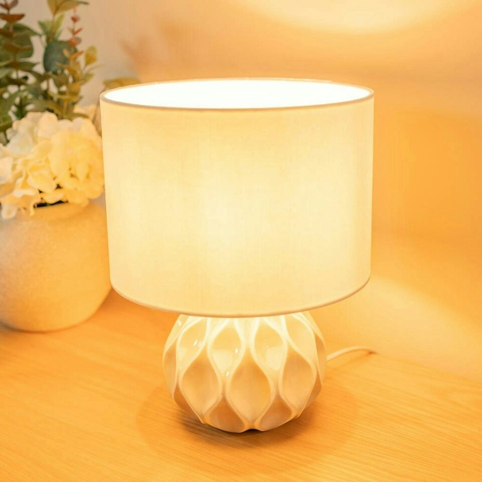 image 1 of ValueLights Luca Ceramic Textured Cream Table Lamp with Cream Drum Shade