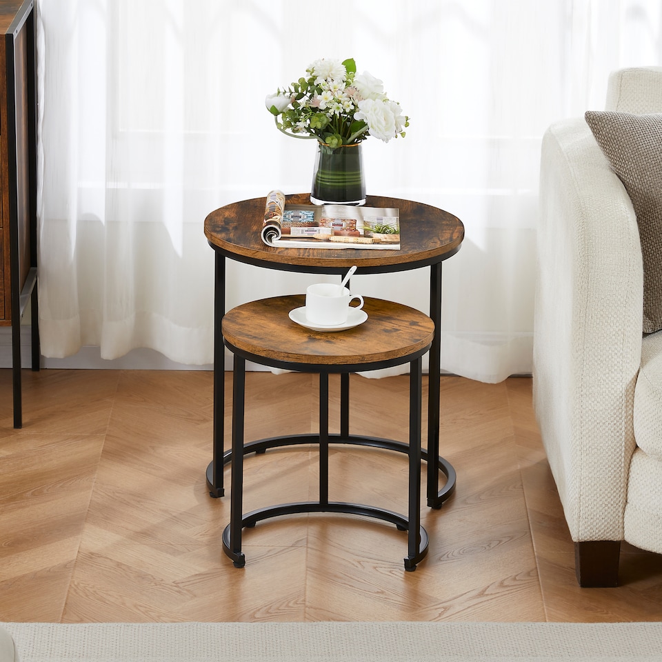 image 1 of Vida Designs Brooklyn Round Nest of Tables 2 Piece Set Nesting Sofa Bedside Side Table, Dark Wood