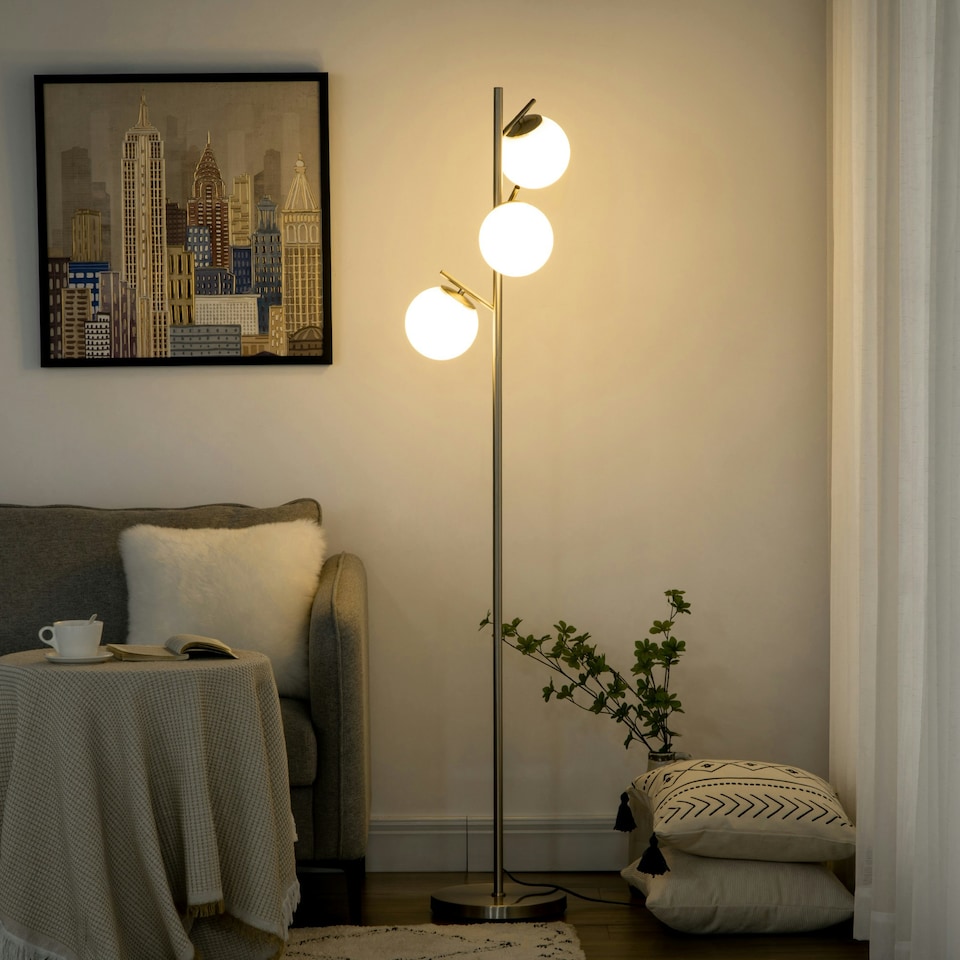image 1 of HOMCOM Modern Tree Floor Lamp with 3 Light, for Living Room Bedroom, Silver