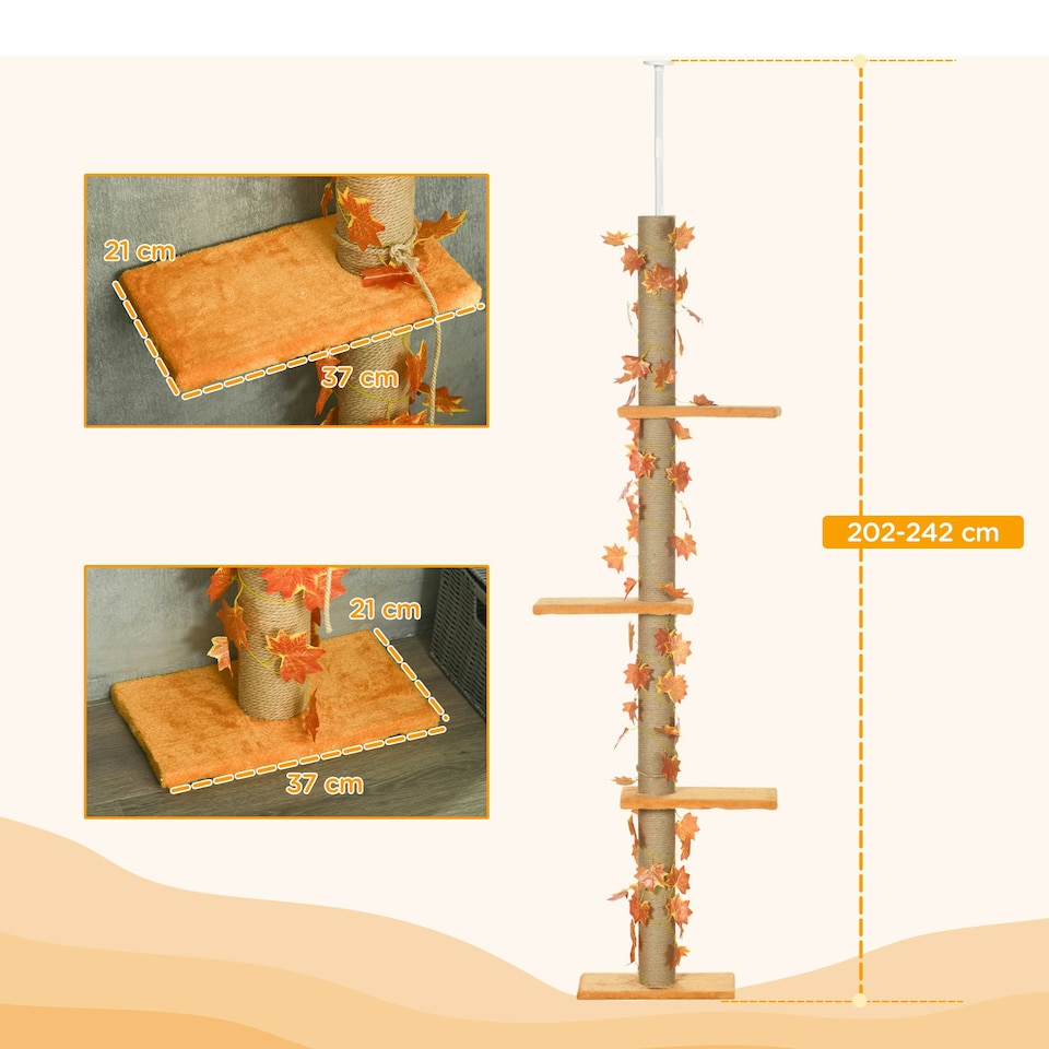 image 1 of PawHut 242cm Floor to Ceiling Cat Tree with Leaves, Scratching Post, Orange