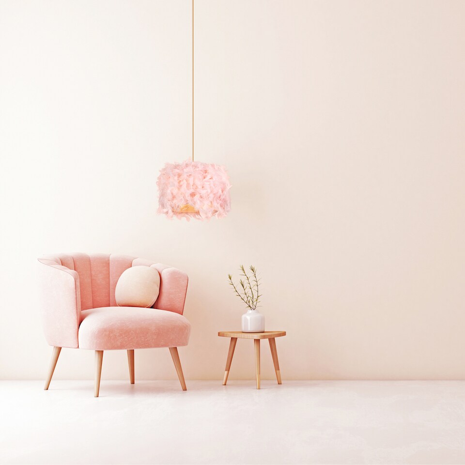 image 1 of Modern Designer Real Pink Feather Drum Lamp Shade with Inner Cotton Lining | Pink