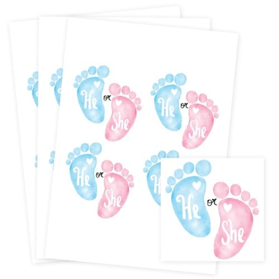 image 1 of He or She Gender Reveal Square Stickers 95mm - Sheet of 4
