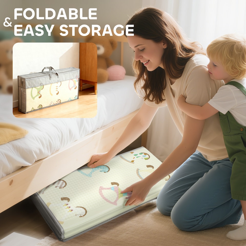 image 1 of AIYAPLAY Double-Sided Foldable Baby Mat, Water-Resistant Large Foam Mat, Reversible Floor Mat for Toddlers, for Bedrooms, Nurseries, Playrooms, 195L x 177.5W cm, Traffic and Rocking Horse Theme