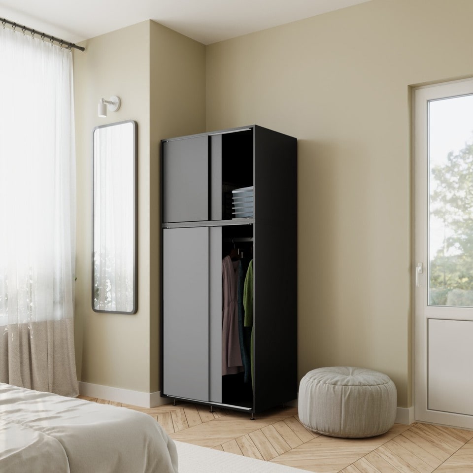 image 1 of 180cm 4 Sliding Doors Wardrobe Bedroom Storage Closet Hanging Rail Cupboard Unit | Multi | Black with Grey Doors | 1