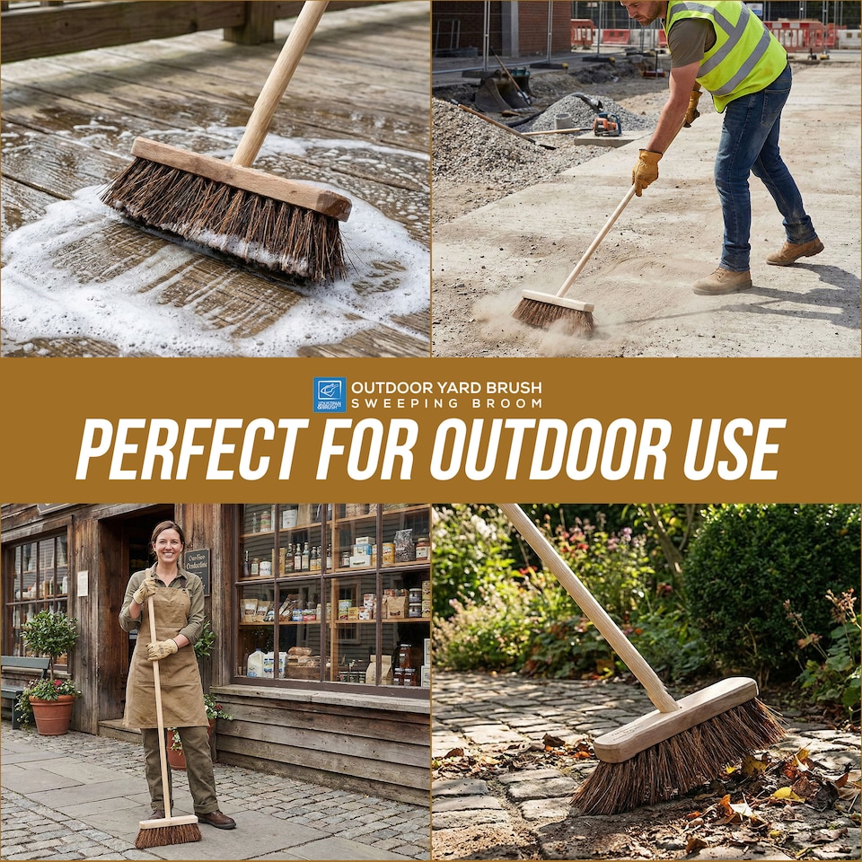 image 1 of Garden Broom Outdoor with Wooden Handle Natural Stiff Bassine Hard Bristle Sweeping Brush