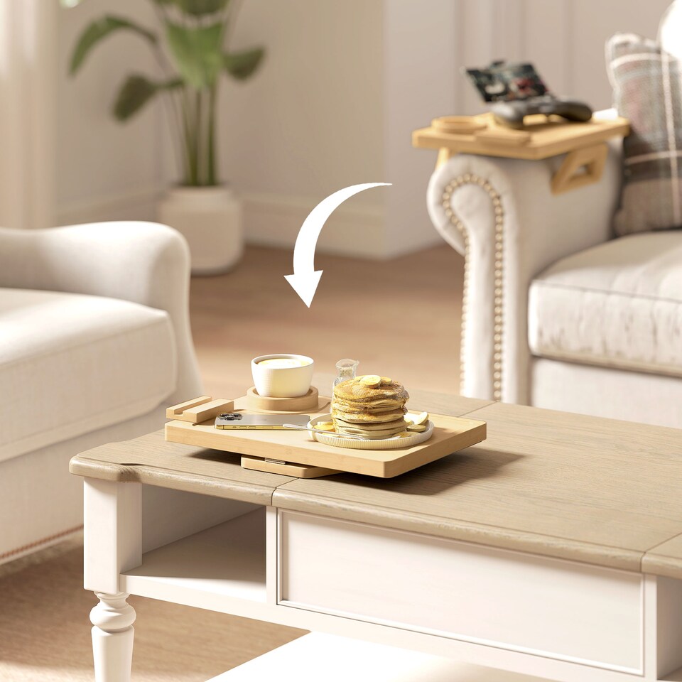 image 1 of HOMCOM Anti-Slip Sofa Armrest Tray with Phone and Cup Holder, Natural