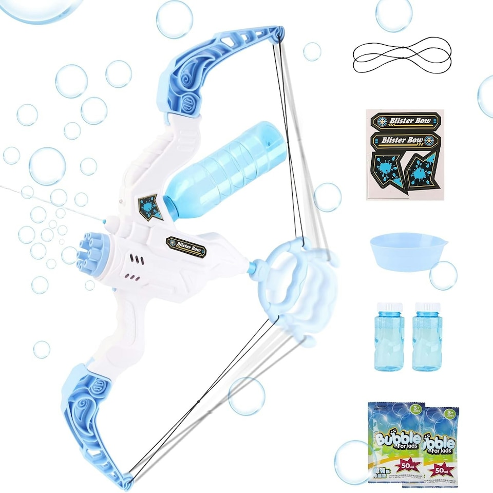 image 1 of 3-in-1 Blue Bow and Arrow Bubble Gun – Water Blaster Archery Toy with Lights – Leak-Proof Outdoor Summer Gift for Kids Ages 3+
