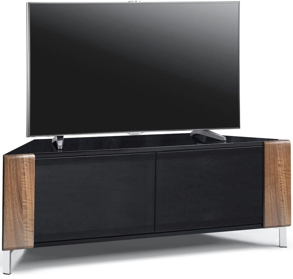 image 1 of MDA Designs CORVUS Corner-Friendly Gloss Black Contemporary Cabinet with Walnut Profiles Black BeamThru Glass Doors Suitable for Flat Screen TVs up to 50" | Multi | 1