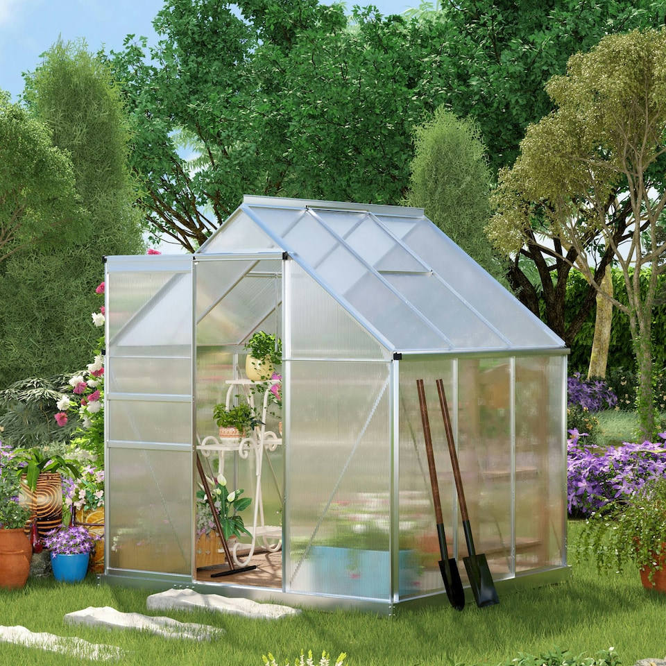 image 1 of Outsunny Polycarbonate Walk-in Garden Greenhouse w/ Sliding Door Silver Tone | Silver | 1