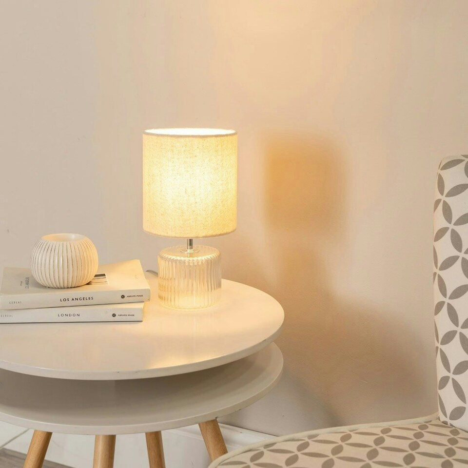 image 1 of ValueLights Betty Clear Glass Table Lamp with Natural Lamp Shade and LED Bulb