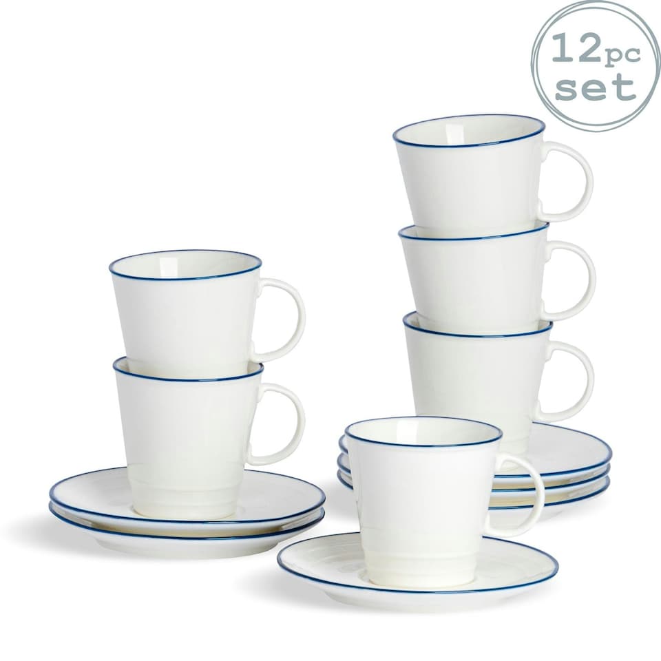 image 1 of Nicola Spring 12 Piece White Farmhouse Espresso Cup & Saucer Set - 90ml White